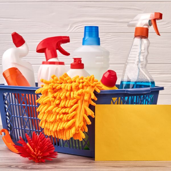 House cleaning products in basket.